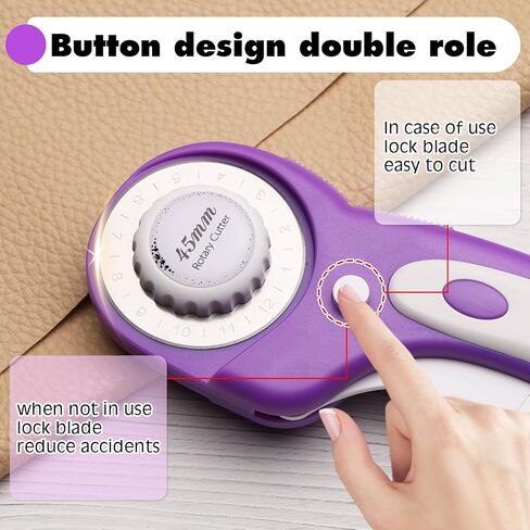 قاطعة دوارة، قاطعة دوارة 45 مم للنسيج، قاطعة قماش دوارة مع قفل أمان، تتضمن 10 شفرات بديلة إضافية 45 مم، أداة قطع دوارة مريحة لفنون خياطة اللحف (أرجواني) in Kuwait