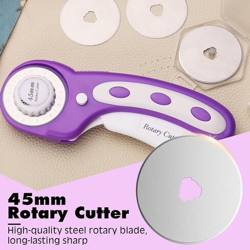 قاطعة دوارة، قاطعة دوارة 45 مم للنسيج، قاطعة قماش دوارة مع قفل أمان، تتضمن 10 شفرات بديلة إضافية 45 مم، أداة قطع دوارة مريحة لفنون خياطة اللحف (أرجواني) in Kuwait