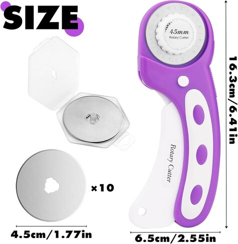 قاطعة دوارة، قاطعة دوارة 45 مم للنسيج، قاطعة قماش دوارة مع قفل أمان، تتضمن 10 شفرات بديلة إضافية 45 مم، أداة قطع دوارة مريحة لفنون خياطة اللحف (أرجواني) in Kuwait