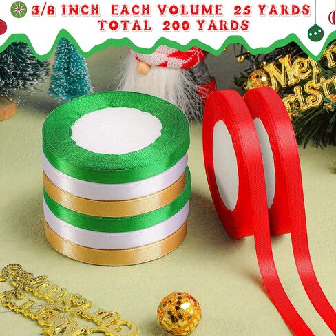 Xinnun 200 Yards Christmas Satin Ribbon Wrapping Ribbon 8 Rolls Christmas Polyester Ribbon 3/8 Inch Silk Ribbon for Christmas Party Decoration DIY Crafts Supplies (Orange, Black, Purple, Green) in Kuwait