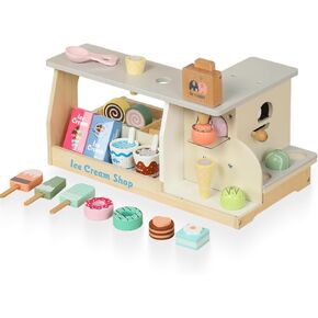 WOODENFUN الآيس كريم مكافحة Playset للعب فتاة طفل، مجموعة المصاصة الخشبية التظاهر لعبة الغذاء اللعب اكسسوارات المطبخ مع مغرفة، ألعاب تفاعلية هدايا عيد ميلاد لمدة 3 سنوات من العمر حتى in Kuwait