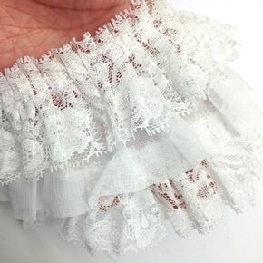 PEPPERLONELY 1 Yard Fabric 3-Layer Pleated Lace Edge Trim Gathered Mesh Chiffon Ribbon, 4 Inches Width, Cream