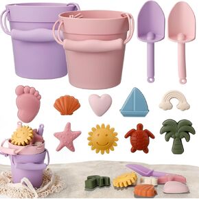 Hungdao 14 Pcs Silicone Beach Toys Travel Beach Set Sand Toys Include 2 Silicone Bucket Pail, 2 Shovel, 9 Sand Molds, 1 Beach Bag for Boys Girls Summer Pool Outdoor Bath Toys (Blue, Green) in Kuwait