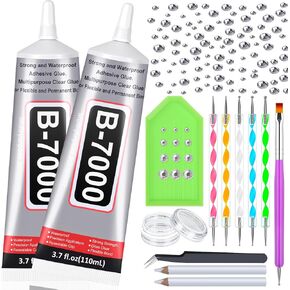 2 × 110 مل B7000 غراء حجر الراين مع مجموعة حجر الراين الشفاف، غراء B-7000 مع أحجار الراين الكريستالية المسطحة وأدوات صنع المجوهرات لأكواب الملابس والحرف اليدوية