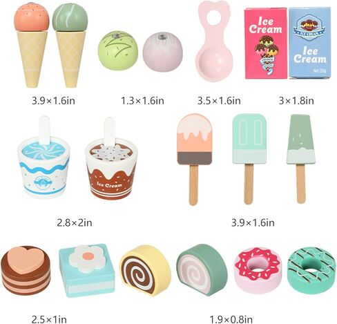 WOODENFUN الآيس كريم مكافحة Playset للعب فتاة طفل، مجموعة المصاصة الخشبية التظاهر لعبة الغذاء اللعب اكسسوارات المطبخ مع مغرفة، ألعاب تفاعلية هدايا عيد ميلاد لمدة 3 سنوات من العمر حتى in Kuwait