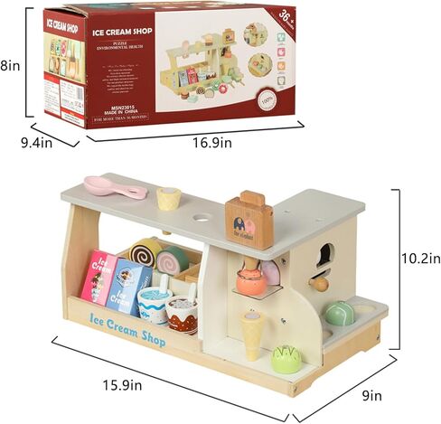 WOODENFUN الآيس كريم مكافحة Playset للعب فتاة طفل، مجموعة المصاصة الخشبية التظاهر لعبة الغذاء اللعب اكسسوارات المطبخ مع مغرفة، ألعاب تفاعلية هدايا عيد ميلاد لمدة 3 سنوات من العمر حتى in Kuwait