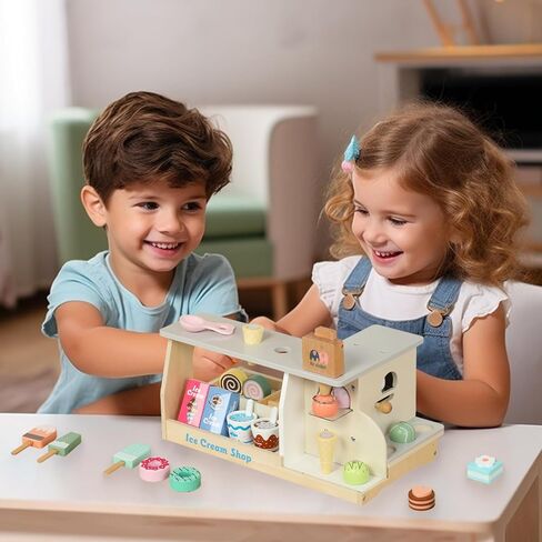 WOODENFUN الآيس كريم مكافحة Playset للعب فتاة طفل، مجموعة المصاصة الخشبية التظاهر لعبة الغذاء اللعب اكسسوارات المطبخ مع مغرفة، ألعاب تفاعلية هدايا عيد ميلاد لمدة 3 سنوات من العمر حتى in Kuwait