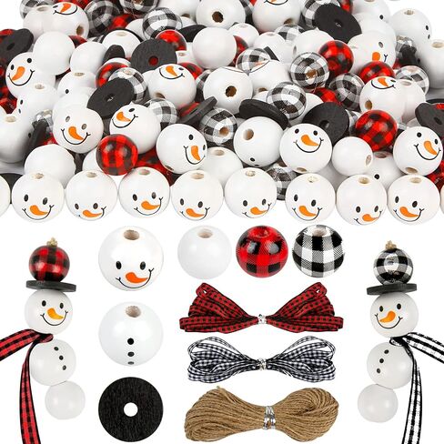 KIMOBER 180PCS Christmas Snowman Wooden Bead,Winter Craft Wood Round Beads Buffalo Plaid Bead with Rope for DIY Craft Decoration in Saudi Arabia