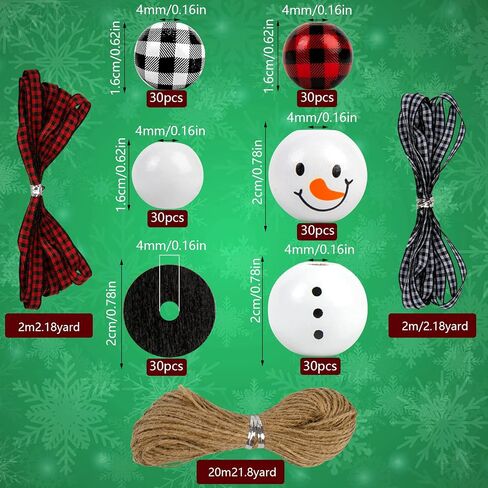 KIMOBER 180PCS Christmas Snowman Wooden Bead,Winter Craft Wood Round Beads Buffalo Plaid Bead with Rope for DIY Craft Decoration in Saudi Arabia