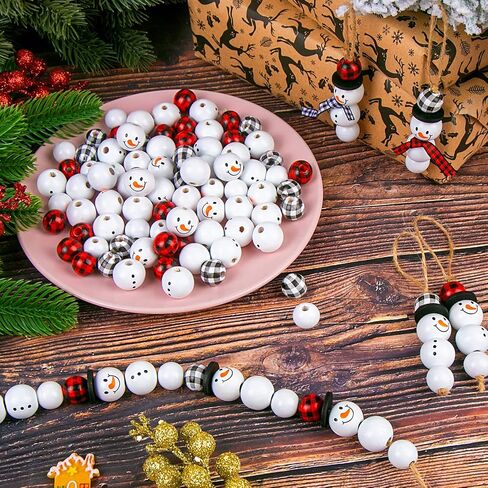 KIMOBER 180PCS Christmas Snowman Wooden Bead,Winter Craft Wood Round Beads Buffalo Plaid Bead with Rope for DIY Craft Decoration in Saudi Arabia