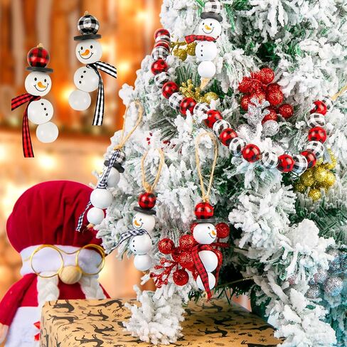 KIMOBER 180PCS Christmas Snowman Wooden Bead,Winter Craft Wood Round Beads Buffalo Plaid Bead with Rope for DIY Craft Decoration in Saudi Arabia