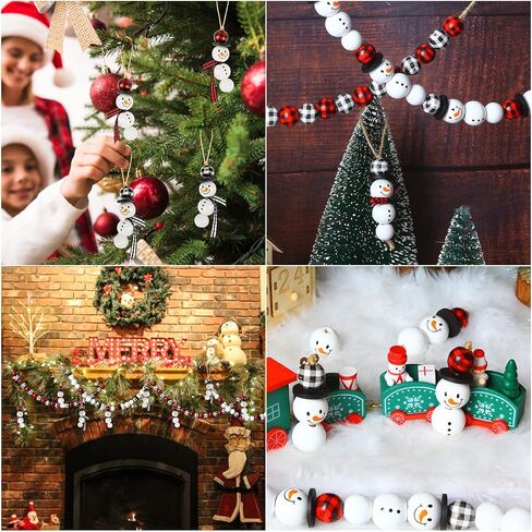 KIMOBER 180PCS Christmas Snowman Wooden Bead,Winter Craft Wood Round Beads Buffalo Plaid Bead with Rope for DIY Craft Decoration in Saudi Arabia