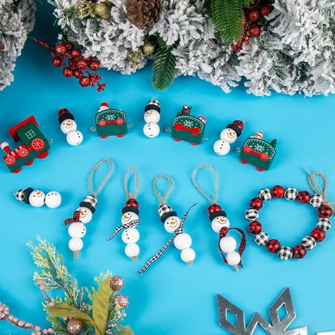 KIMOBER 180PCS Christmas Snowman Wooden Bead,Winter Craft Wood Round Beads Buffalo Plaid Bead with Rope for DIY Craft Decoration in Saudi Arabia