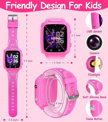 ساعة ذكية للأطفال للفتيات مع 25 لعبة ألغاز وكاميرا فيديو وآلة حاسبة عالية الدقة وشاشة تعمل باللمس وساعة منبه وعداد الخطى للأطفال وساعات هدايا عيد الميلاد للأطفال من سن 3 إلى 12 عامًا، باللون الوردي in Kuwait