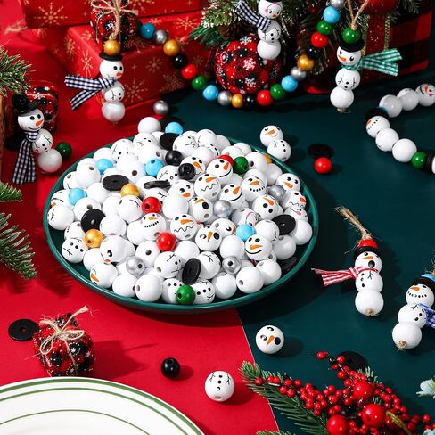 450 Pieces Snowman Wood Beads Christmas Wooden Beads Winter Wooden Bead Wood Beads for Crafts Colorful Buffalo Plaid Round Wood Beads with Twine Scarf for Christmas Winter DIY Party Decor (Plaid) in Saudi Arabia
