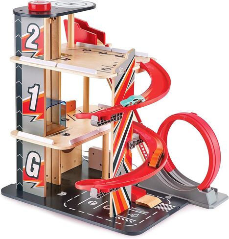 Hape Gearhead Stunt Garage Kids Wooden Toy Car Parking Garage Playset w/Elevator and 2 Exit Tracks, Detachable Loop, Includes 2 Wooden Toy Racecars in Saudi Arabia