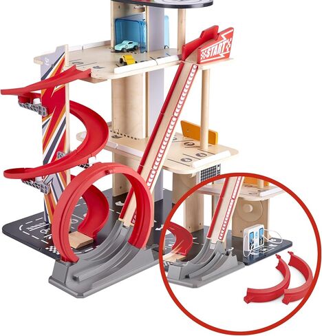 Hape Gearhead Stunt Garage Kids Wooden Toy Car Parking Garage Playset w/Elevator and 2 Exit Tracks, Detachable Loop, Includes 2 Wooden Toy Racecars in Saudi Arabia