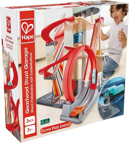 Hape Gearhead Stunt Garage Kids Wooden Toy Car Parking Garage Playset w/Elevator and 2 Exit Tracks, Detachable Loop, Includes 2 Wooden Toy Racecars in Saudi Arabia