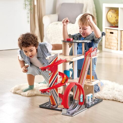 Hape Gearhead Stunt Garage Kids Wooden Toy Car Parking Garage Playset w/Elevator and 2 Exit Tracks, Detachable Loop, Includes 2 Wooden Toy Racecars in Saudi Arabia