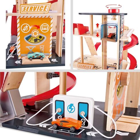 Hape Gearhead Stunt Garage Kids Wooden Toy Car Parking Garage Playset w/Elevator and 2 Exit Tracks, Detachable Loop, Includes 2 Wooden Toy Racecars in Saudi Arabia