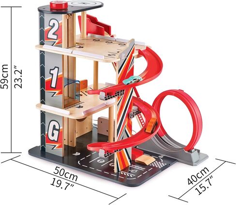 Hape Gearhead Stunt Garage Kids Wooden Toy Car Parking Garage Playset w/Elevator and 2 Exit Tracks, Detachable Loop, Includes 2 Wooden Toy Racecars in Saudi Arabia