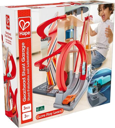 Hape Gearhead Stunt Garage Kids Wooden Toy Car Parking Garage Playset w/Elevator and 2 Exit Tracks, Detachable Loop, Includes 2 Wooden Toy Racecars in Saudi Arabia