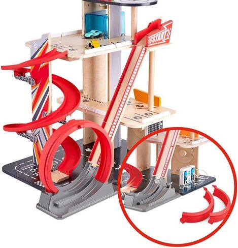 Hape Gearhead Stunt Garage Kids Wooden Toy Car Parking Garage Playset w/Elevator and 2 Exit Tracks, Detachable Loop, Includes 2 Wooden Toy Racecars in Saudi Arabia