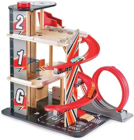 Hape Gearhead Stunt Garage Kids Wooden Toy Car Parking Garage Playset w/Elevator and 2 Exit Tracks, Detachable Loop, Includes 2 Wooden Toy Racecars in Saudi Arabia