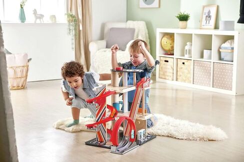 Hape Gearhead Stunt Garage Kids Wooden Toy Car Parking Garage Playset w/Elevator and 2 Exit Tracks, Detachable Loop, Includes 2 Wooden Toy Racecars in Saudi Arabia