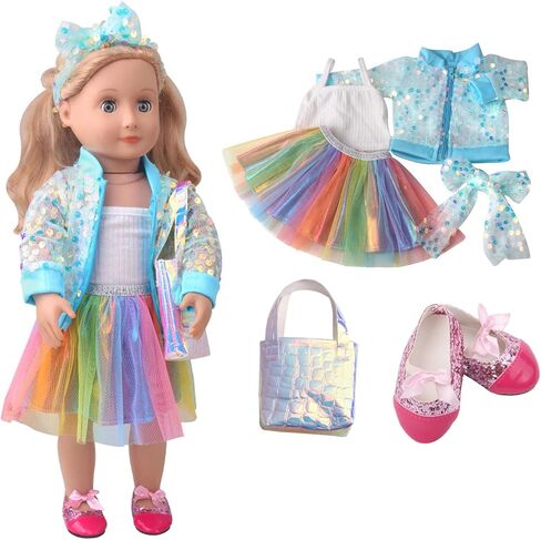 Princess Doll Fashion Clothes Costume Rainbow Tutu Dress for American 18 inch Dolls Outfits for Girls, Including Gauzy Dress, Vest, Bowknot, Sequin Coat, Bag and Shoes (Blue) in Kuwait