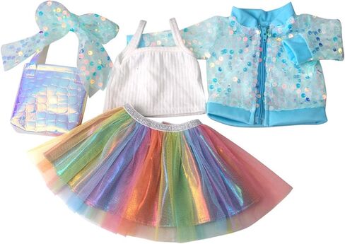 Princess Doll Fashion Clothes Costume Rainbow Tutu Dress for American 18 inch Dolls Outfits for Girls, Including Gauzy Dress, Vest, Bowknot, Sequin Coat, Bag and Shoes (Blue) in Kuwait