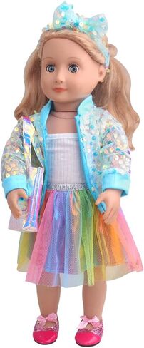 Princess Doll Fashion Clothes Costume Rainbow Tutu Dress for American 18 inch Dolls Outfits for Girls, Including Gauzy Dress, Vest, Bowknot, Sequin Coat, Bag and Shoes (Blue) in Kuwait