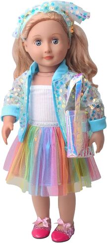 Princess Doll Fashion Clothes Costume Rainbow Tutu Dress for American 18 inch Dolls Outfits for Girls, Including Gauzy Dress, Vest, Bowknot, Sequin Coat, Bag and Shoes (Blue) in Kuwait