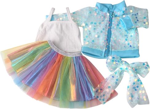 Princess Doll Fashion Clothes Costume Rainbow Tutu Dress for American 18 inch Dolls Outfits for Girls, Including Gauzy Dress, Vest, Bowknot, Sequin Coat, Bag and Shoes (Blue) in Kuwait
