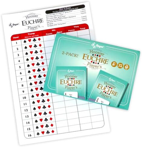 Regal Games - Hoosier Player’s Euchre Card Game Set - Pre-Stripped to 44 Cards for Classic Euchre - Fun, Family-Friendly Group Card Game - Ideal for 2-4 Players Ages 8+ - Includes Score Pad - 2 Pack in Saudi Arabia