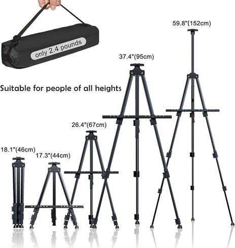 فكرة لبو حامل فنان محمول، حامل رسم فني لرسم لافتات الزفاف القماشية والعرض، حامل رسم بارتفاع قابل للتعديل مع حقيبة، الارتفاع من 17 انش الى 60 انش (عبوة من قطعتين، اسود) in Kuwait
