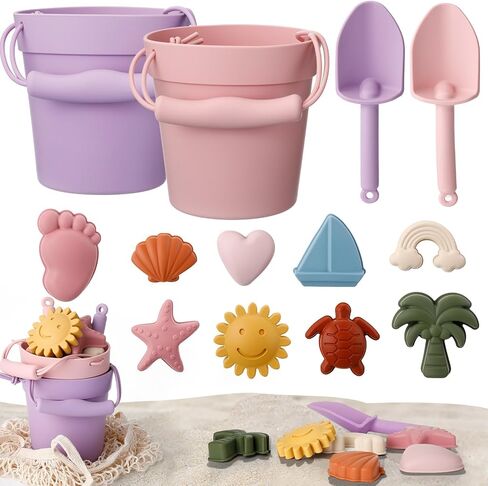 Hungdao 14 Pcs Silicone Beach Toys Travel Beach Set Sand Toys Include 2 Silicone Bucket Pail, 2 Shovel, 9 Sand Molds, 1 Beach Bag for Boys Girls Summer Pool Outdoor Bath Toys (Blue, Green) in Saudi Arabia