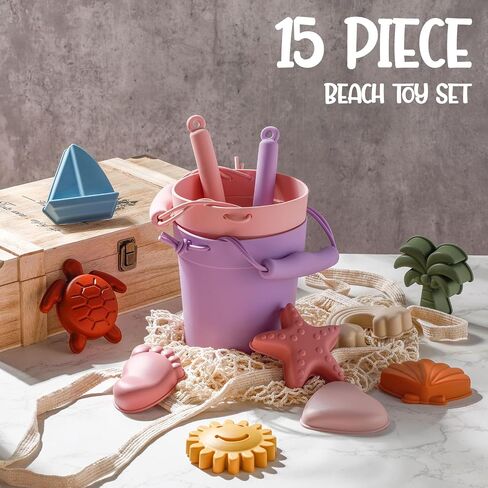 Hungdao 14 Pcs Silicone Beach Toys Travel Beach Set Sand Toys Include 2 Silicone Bucket Pail, 2 Shovel, 9 Sand Molds, 1 Beach Bag for Boys Girls Summer Pool Outdoor Bath Toys (Blue, Green) in Saudi Arabia