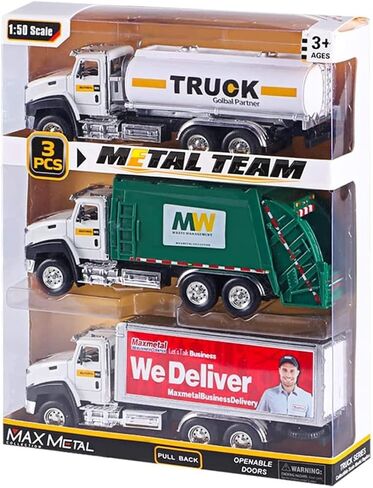3 Pack City Diecast Semi Trucks Transport Set - Big Toy Garbage Truck, Oil Tanker, & Transport Vehicle Toy with Pull Back Action - 1/50 Scale Metal Collectible Model Alloy Car Vehicles in Saudi Arabia