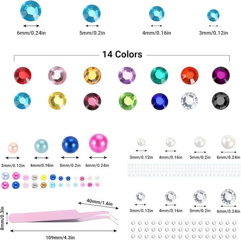 2640 قطعة من ملصقات حجر الراين من كولوفيس، 14 لونًا و4 أحجام من ملصقات الأحجار الكريمة وملصقات اللؤلؤ الملونة البيضاء مع ملقط للفنون والحرف اليدوية والمكياج وتزيين فن الأظافر in Kuwait