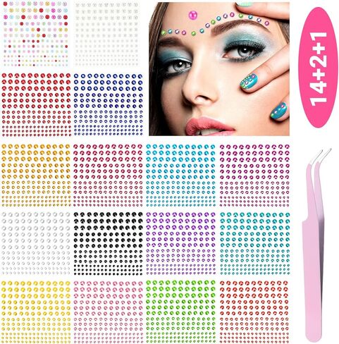 2640 قطعة من ملصقات حجر الراين من كولوفيس، 14 لونًا و4 أحجام من ملصقات الأحجار الكريمة وملصقات اللؤلؤ الملونة البيضاء مع ملقط للفنون والحرف اليدوية والمكياج وتزيين فن الأظافر in Kuwait