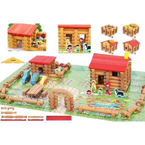 Wooden Logs Toys Farm Playset- Wooden Logs Building Set Farm House Wooden Construction Toys 207 Pieces Animal Farm - Wooden Building Toys for 3 4 5 6 Year olds