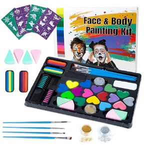 MOEMOE BABY Face Painting Kit for Kids 19 Large Water Based Paint Colors, 4 Metallic Paints, 4 Sponges, Halloween Party Makeup Painting Kit Professional Face Paint, Safe Body Paint Set