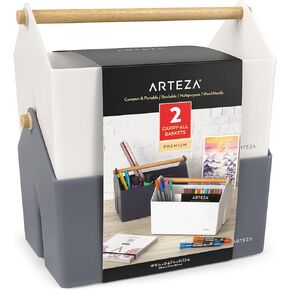 ARTEZA Plastic Portable Craft Storage Organizer, Pack of 2, Gray and Ivory, 3-Sectioned Plastic Basket with Handle, Caddy Organizer