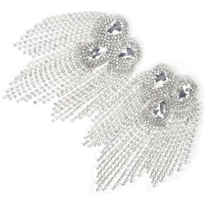 ASUNFO 2 Pcs Crystal Fringe Shoulder Epaulette Silver Waterdrop Design Tassel Rhinestones Appliques for Womens Clothing Fashion Accessories