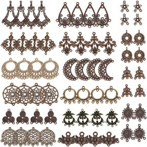 SUNNYCLUE 1 Box 64Pcs Assorted Chandelier Connector Charms Tibetan Style Antique Bronze Flower Dream Catcher Charm Earring Findings Loops Vintage Linking Connectors Charm for Jewelry Making Charms