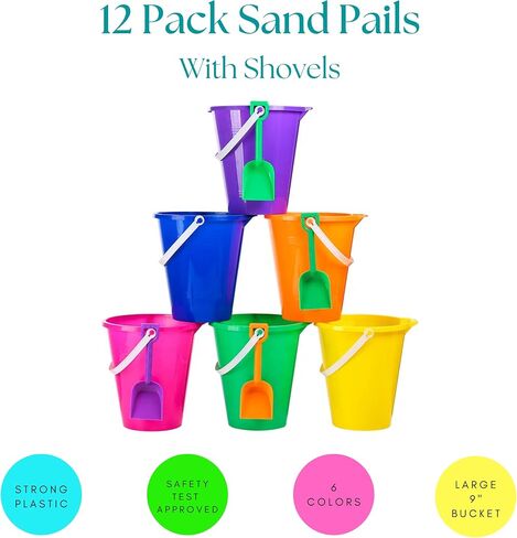 4E's Novelty 9" Large Sand Bucket with Shovel [12 Pack Bulk] Beach Buckets - Beach Toys for Kids & Toddlers, Party Favors Holders in Saudi Arabia