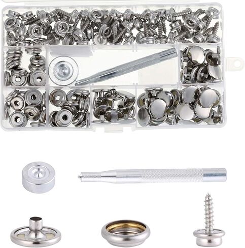 طقم أدوات كبس لولبي ربط 150 قطعة - أزرار من الفولاذ المقاوم للصدأ على قماش البحرية طقم فضي مع 2 قطعة أداة إعداد Erikord in Kuwait