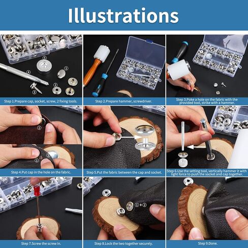 طقم أدوات كبس لولبي ربط 150 قطعة - أزرار من الفولاذ المقاوم للصدأ على قماش البحرية طقم فضي مع 2 قطعة أداة إعداد Erikord in Kuwait