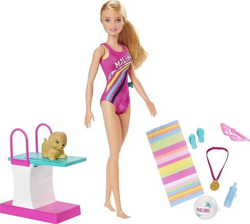 Barbie Dreamhouse Adventures Swim 'n Dive Doll, 11.5-Inch, in Swimwear, with Swimming Feature, Diving Board and Puppy, Gift for 3 to 7 Year Olds in Saudi Arabia